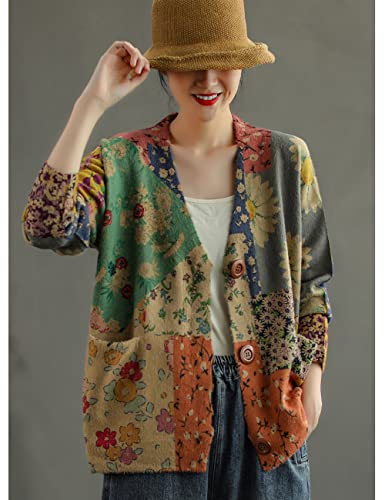 NFYM Women Cardigan Sweaters Open Front Graphic Printed V Neck Retro Knit Outwear with Pockets4