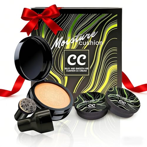 Mushroom Head Air Cushion CC Cream Gift Set for Women, 1 Full-Size Makeup Foundation with 2 Refills & 1 Special Mushroom Head Puff, Holiday Gifts for Her (Natural)