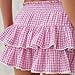 UAURORAO Women Gingham Mini Skirt Elastic Waist Lace Trim Layered Ruffle Cosplay Short Skirt Coquette Going Out Skirt(Smocked Pink,Small)