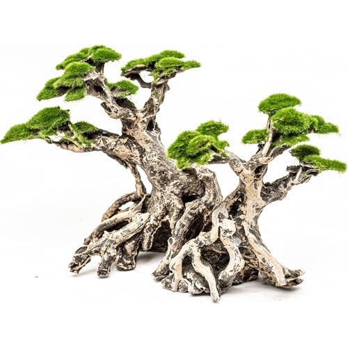 Fish Tank Decor- Bonsai Trees with Faux Moss- Aquarium Rocks Aquascaping- Made of Sandstone, Goldfish Betta Fish Tank Decorations Hides Accessories