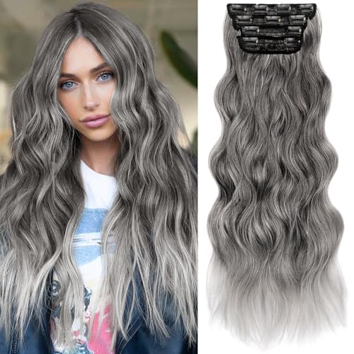 Image of KooKaStyle Clip in Synthetic Hair Extensions Long Wavy 4PCS Thick Hairpieces Grey Sliver Mixed Fiber Double Weft Natural Hair Extensions 24 Inch for Women