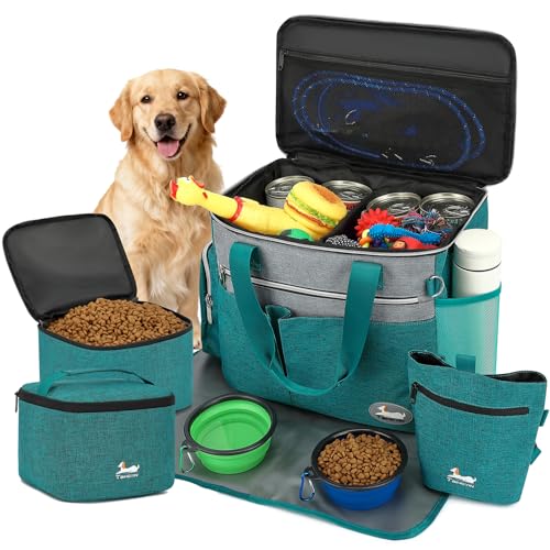 TAIHOYIN Hund Reisetasche Flugzeug Haustier Reiseset für Hundezubehör mit 2 Futtertasche+2 Zusammenklappbare Schüsseln+Fütterungsmatte+Hundeleckerli Tasche Hundetragetasche für Unterwegs, Blau grün