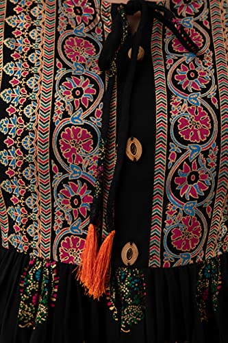 Image of DMP FASHION Women's Rayon Classic Printed Boota Top with Beautiful Tassels and Buttons at Front Black
