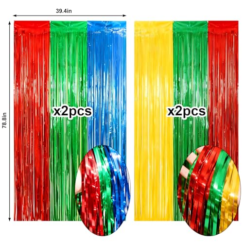 Image of 4 Packs Blue Red Green Yellow Foil Fringe Curtain, Blue Red Green Yellow Glitter Metallic Tinsel Backdrop for Birthday, Baby Shower, Video Game Theme Party Decorations Supplies