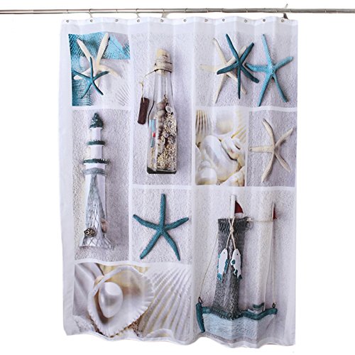 Rideau de Douche 180CM + 12 Crochets Étoile de mer Nautique Plage Mer Monde Seashell Sandy Étanche Tissu Salle de Bains