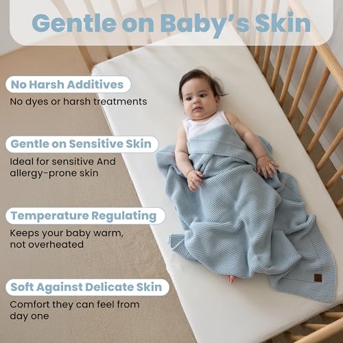 Image of Organic Cotton Baby Blanket 30x40 in, Baby Blue - GOTS Certified, Soft Knit Swaddle with Gift Box, Breathable Nursery Blanket for Crib & Stroller, Machine Washable