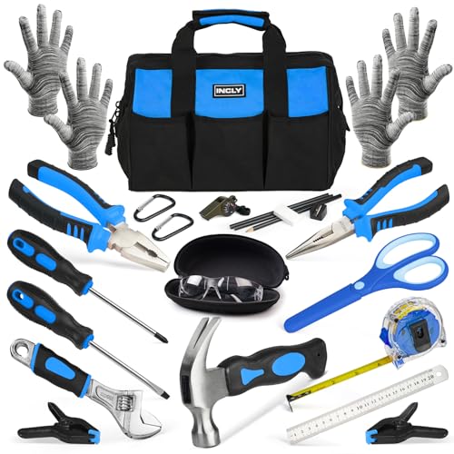 INCLY 24 PCS Kids Real Tool Set with Tool Bag, Boys Small Real Hand Tools Kit, Children Construction Learning Tools Hammer Screwdriver for Home DIY Building and Woodworking