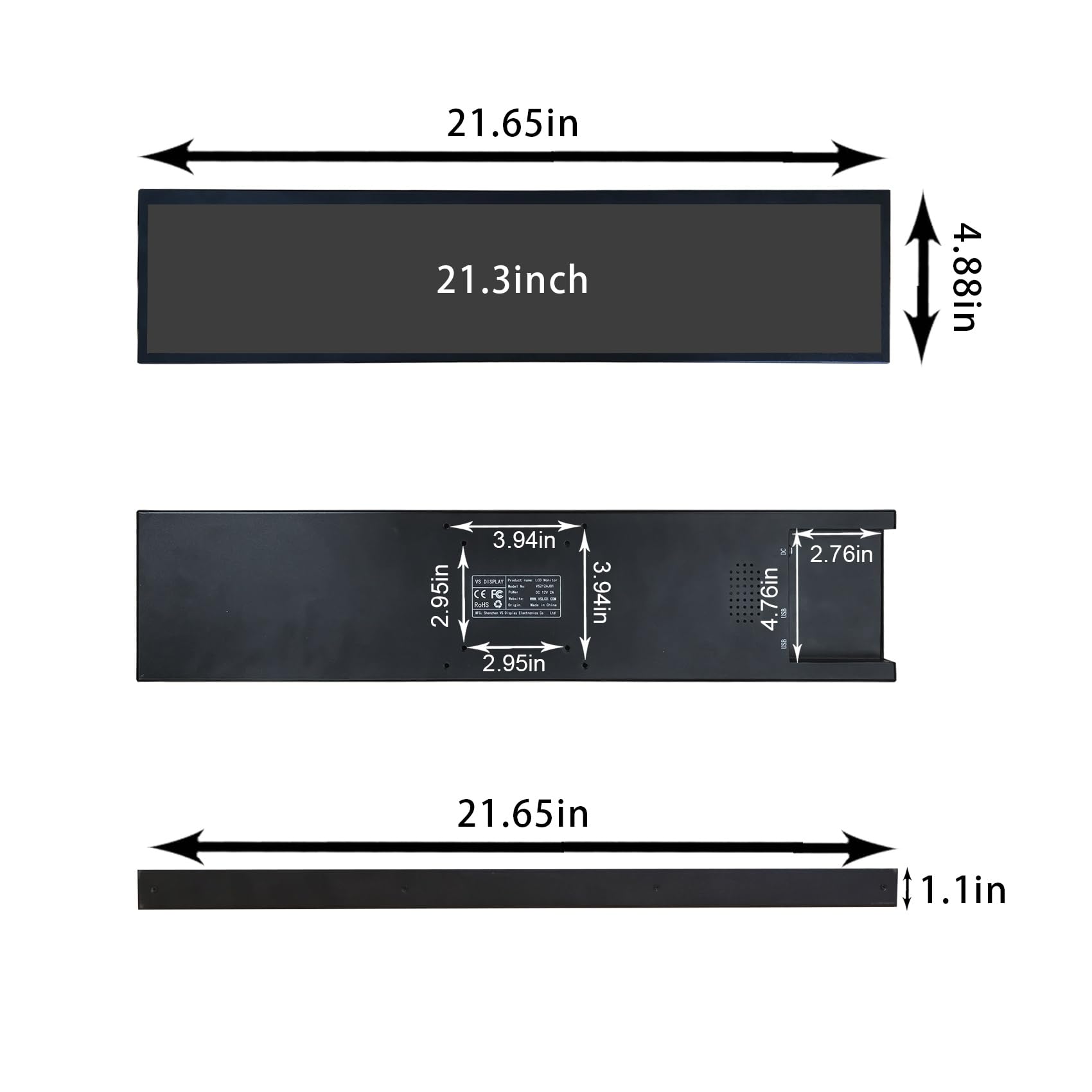 VSDISPLAY 21,3 Zoll Werbemonitor 1920x360 Ultra-Slim IPS 500 Nits