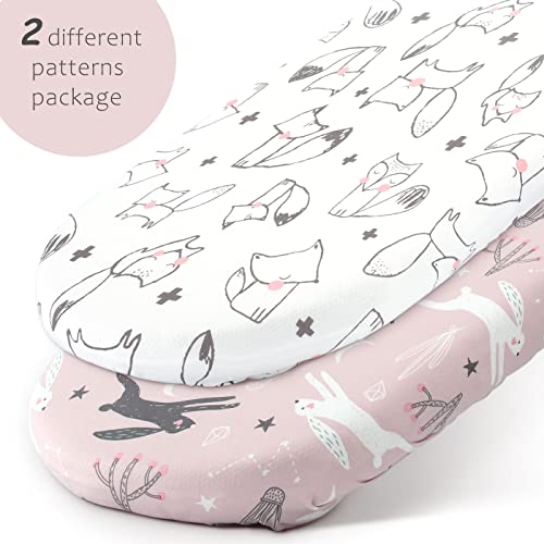 Image of GRSSDER Stretchy Ultra Soft Fitted Bassinet Sheet Set 2 Pack, Universal Fit for Bassinets Baby Cradle Moses Basket Oval Rectangle Pad /Mattress, Cute Foxes and Rabbits Bassinet Sheets for Girls
