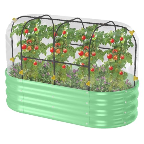 Raised Garden Bed with Cover and Greenhouse, 4x2x1FT Galvanized Metal Raised Garden Beds Outdoor, Large Oval Outdoor Planter Garden Boxes for Fruit, Vegetable, Flower