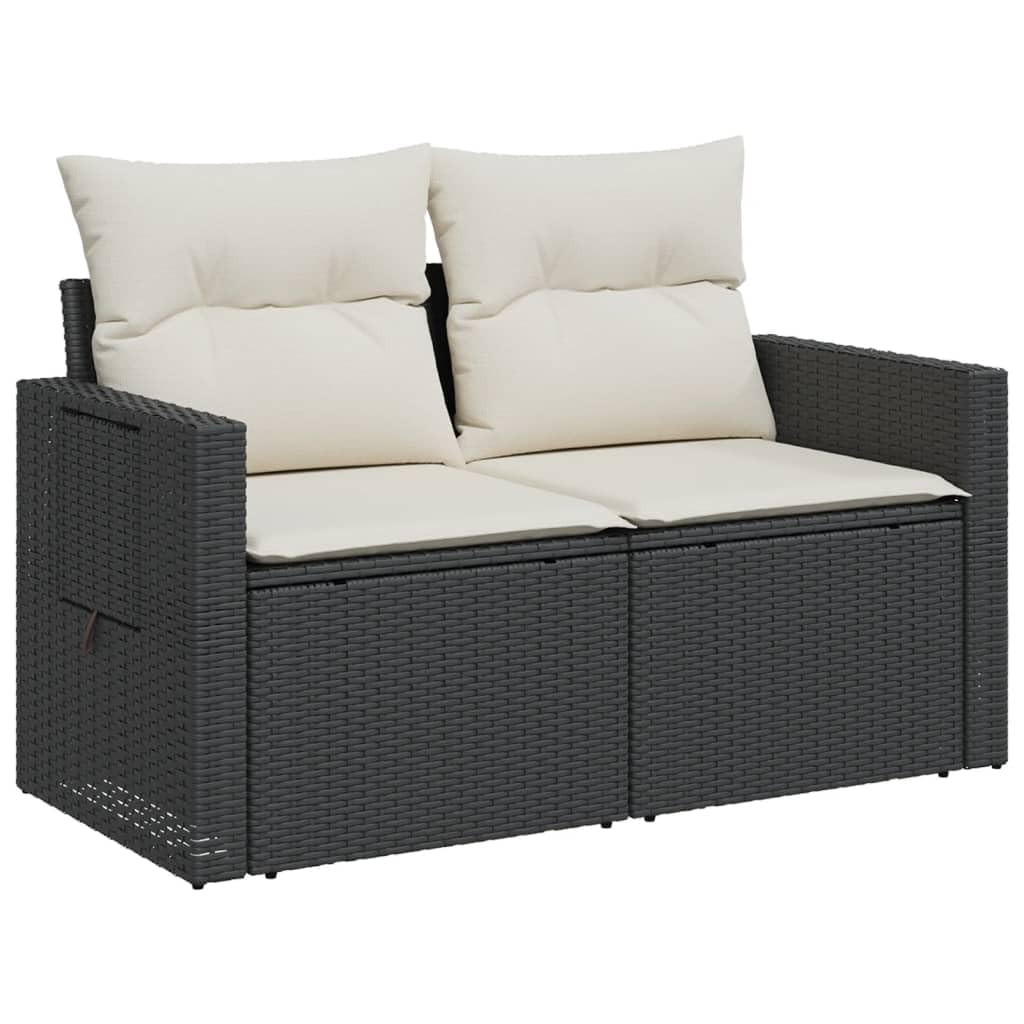 Sofá de jardín de 2 plazas, color negro, ratán sintético, 124 x 62 x 69 cm, con reposabrazos plegables, cojín blanco crema, resistente a la intemperie, balcón, terraza