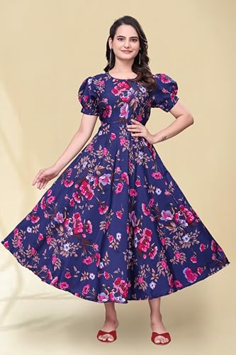Image of Women's A-Line Crepe Maxi Dress | Stylish Fit and Flare Dress with Round Neck Short Puff Sleeves for Casual Wear