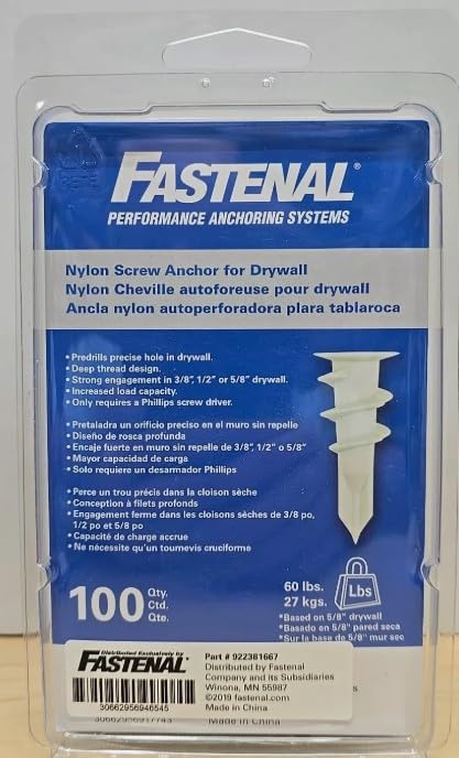 Image of Fastenal Nylon Drywall Anchors, 100 Pack, No Pre-Drill, 60 lb Load Capacity, 3 /8-5 /8 Inch Walls