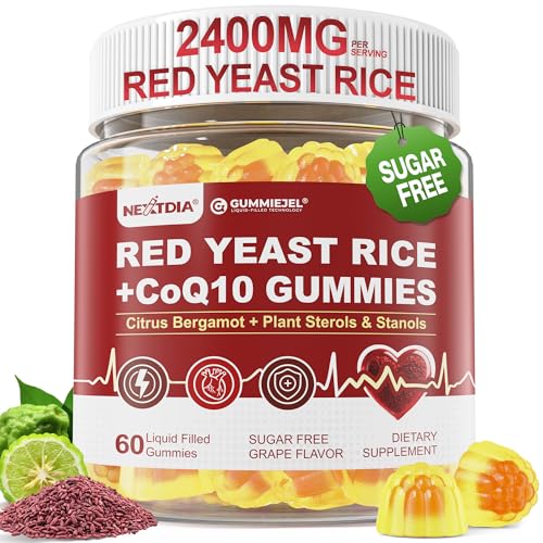 Red Yeast Rice Gummies 2400MG with CoQ10 Suagr Free Balanced Chlesterl Supplements Plus Citrus Bergamot Plant Sterols & Stanols Supports Vsculr Health Energy Immunity for Age 50+ Vegan 60 Cts
