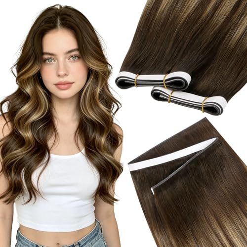 Image of LaaVoo Ombre Tape in Weft Hair Extensions Real Human Hair Tape in Weft Extensions Balayage Dark Brown Genius PU Tape Hair Extensions Human Hair 24inch 50G