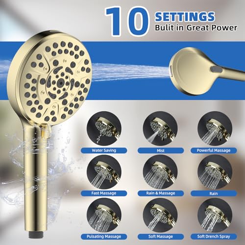 Image of 10 inch Metal Rainfall Shower Head with 10-Mode Handheld, Brushed Gold