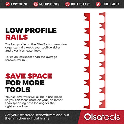 Screwdriver Organizer for Tool Boxes by Olsa Tools | Heavy Duty Low Profile Screwdriver Holder Rail Rack Set For Toolbox Drawers | Holds Up To 14 Screwdrivers | Great for Tool Storage Organization