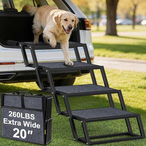 URPOWER Dog Stairs for Large Dogs Extra Wide 20 with 5 - Step Dog Ramp Steps for Car High Bed Foldable Pet Stairs with Detachable Non Slip Surface Car Ramps for SUV Truck Supports up to 260 LBS