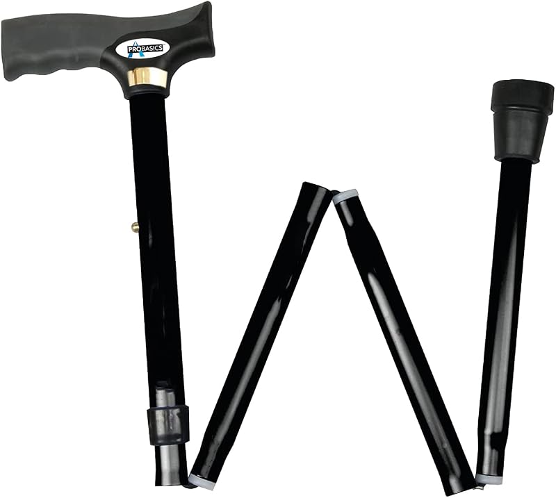 ProBasics Bastón plegable negro para hombres y mujeres, bastón plegable ajustable con mango cómodo, ayuda para caminar ligera, duradera y portátil para personas mayores, discapacitadas y con movilidad reducida