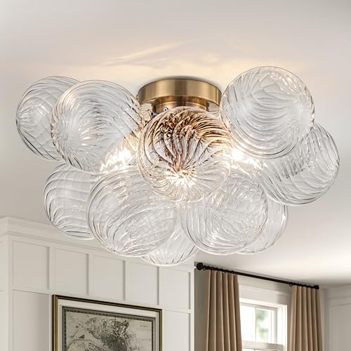 GoYeel Semi Flush Chandelier Gold, Modern Light Fixtures Ceiling Mount Lighting Pendant 3 Light Dining Chandeliers Over Table Glass 18.5' 13 Clear Swirled Globe for Foyer Bedroom Kitchen