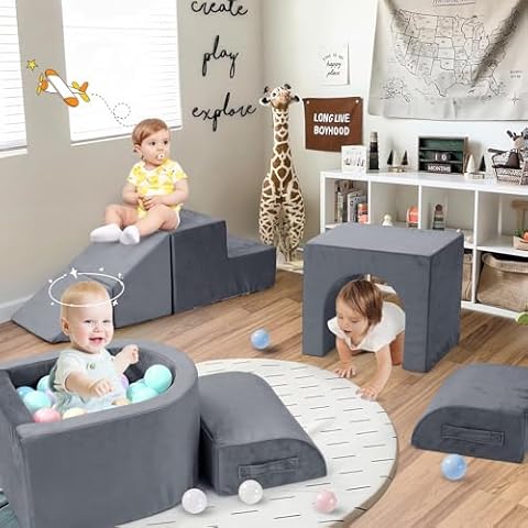 Foam Climbing Blocks for Toddlers, 6 PCS Climbing Toys for Toddlers 1-3 Inside with Baby Ball Pit and Soft Play Tunnel for Kids' Indoor Climbers&Play Structures (Grey, Balls Not Included) Cover