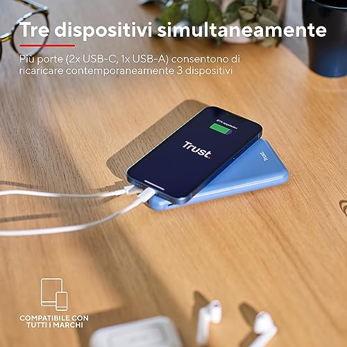 Trust Redoh Power Bank 10000Mah 20W Alta Velocità, Pd 18W USB-C, Qc 3.0 Usb, 50% Plastica Riciclata, Cavo Incluso, Caricatore Portatile Iphone, Ipad, Samsung, Xiaomi, Huawei, Tablet - Blu - 5