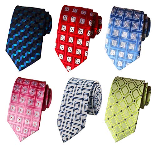 MENDENG Men's Classic Business Tie Lot 6 PCS Geometric Plaid Necktie Woven Ties