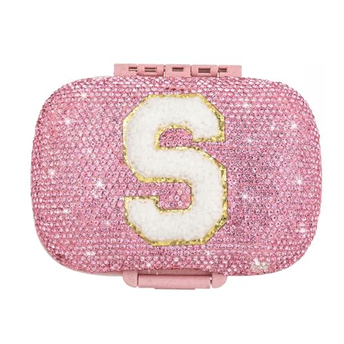 Image of Cute Pill Organizer Small Bling Pill Case for Purse Medicine Vitamin Container Holder Daily Pill Box Container for Women Travel Medicine Kit(Letter S Pink)