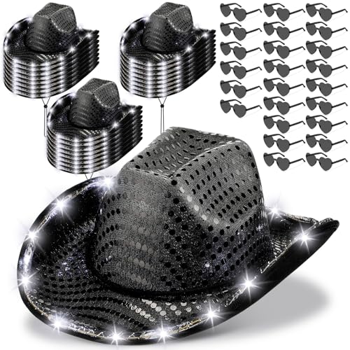 Chapeau de cowboy lumineux à paillettes Zhanmai lot de 18 avec lunettes pour fête adulte