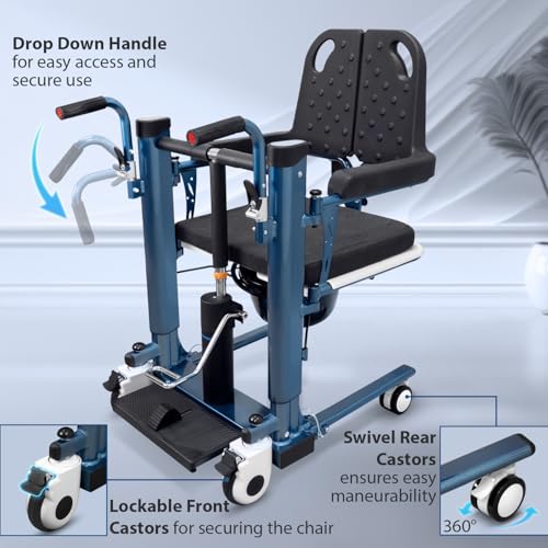 Image of KosmoCare Aluminum Patient Lift & Transfer Wheelchair |Hydraulic Foot Pedal |Split Seat 46 cm for Easy Transfers |Height Adjustable 98-114 cm |100kg Load Capacity |Water-Resistant|Shower-Friendly|Blue