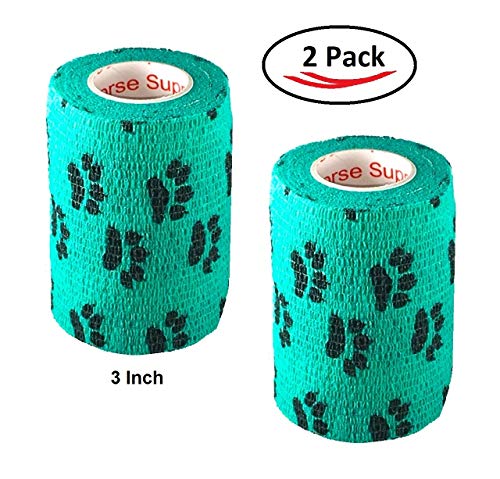 Image of Vet Wrap Wrap Tape (Teal with Paws) (2 Pack) (4 Inch x 15 feet) Self Adhesive Adherent Adhering Cohesive Flex Self Stick Bandage Grip Roll Dog Cat Pet Horse