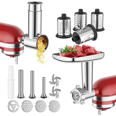 GVODE Meat Grinder & Stainless Steel Slicer Shredder Attachment for KitchenAid Stand Mixer, Meat Grinder Attachment with Sausage Stuffing Set and Cheese Grater, For Kitchenaid Mixer Attachments Cover