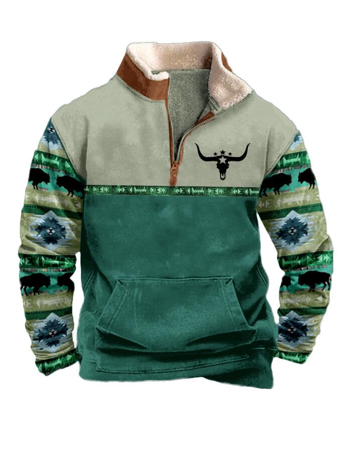 Mens Aztec Print Fleece Stand Collar 1/4 Zipper Sweatshirts Long Sleeve Pullover Western Cowboy Country Hoodies