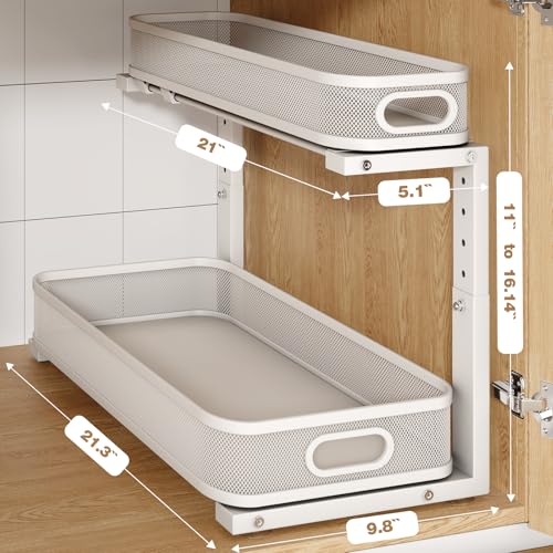 Image of 2 Pack 21.3IN-Depth Under Sink Organizer with Smooth Cylindrical Rail,2-Tier Pull Out Multi-Purpose Cabinet Storage for Bathroom&Kitchen,Height Adjustable,Rust-Resistant Coating-White