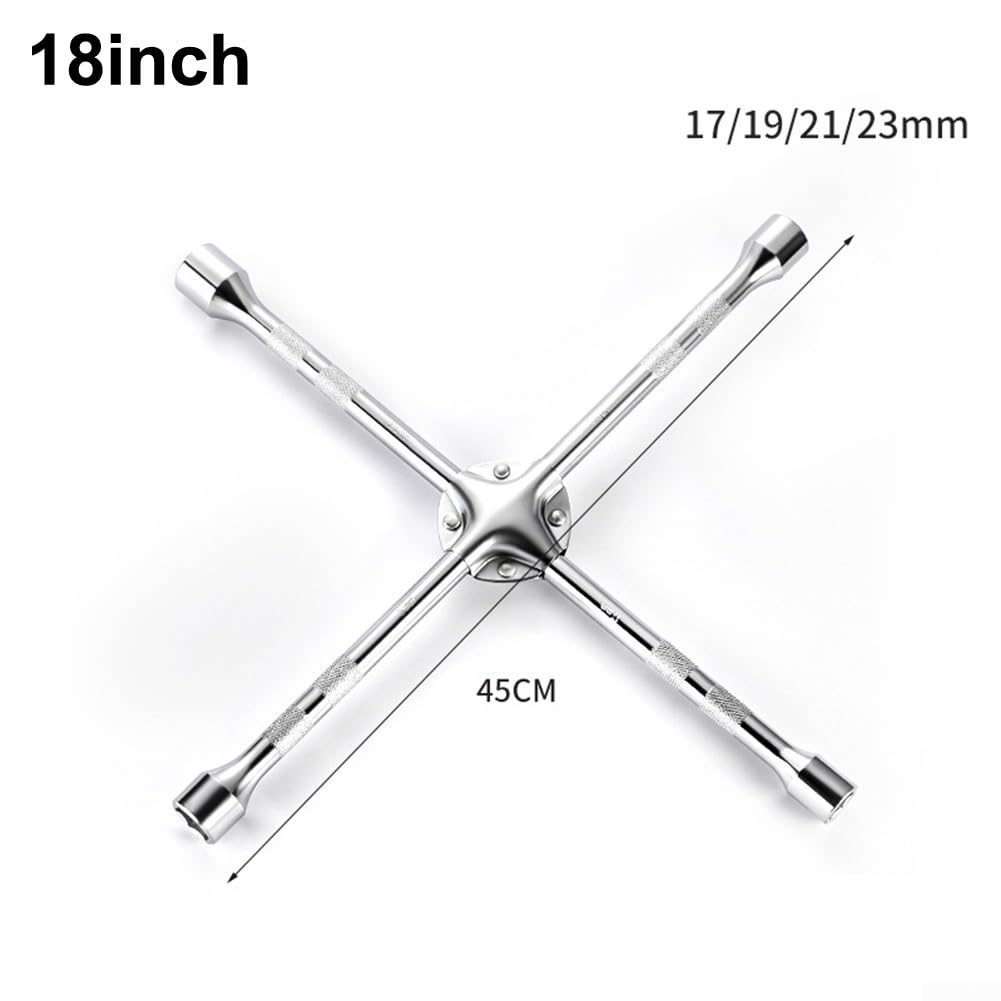 Llave de llanta de cuatro vías de 18/20 pulgadas en forma de cruz con enchufes de 17 mm, 19 mm, 21 mm, 23 mm, herramienta de tuerca de acero resistente para neumáticos de coche para carretera (18