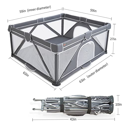 Image of Yobear Foldable Baby Playpen (59 inchx59 inch) - Portable Play Yard for Babies and Toddlers with 50 Ocean Balls, 2 Pull Handles & Carry Bag - Easy Setup Safe Indoor Outdoor Kids Activity Center (Dark Grey)