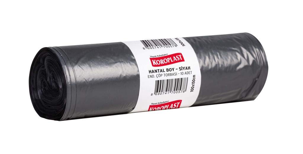 Koroplast Endüstriyel Hantal Boy Çöp Poşeti Siyah 10'lu 100x150 cm, Yırtılmaz & Sızdırmaz, Kalın, Çift Katlı, Geri Dönüştürülebilir, Fabrika, Depo, İnşaat, Otel, Restoran, Hastane, Atölye