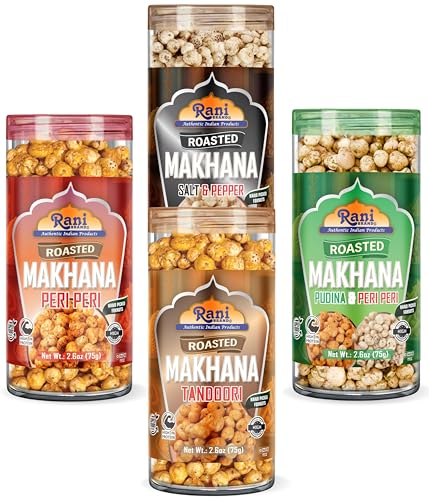 Image of Rani 4 in 1 Combo Set of Roasted Makhana Salt & Pepper, Peri Peri, Tandoori, (2in1) Pudina & Peri-Peri, 2.6oz (75g), Pack of 4, Ready to eat ~ Vegan | Gluten Friendly | Kosher | Indian Origin