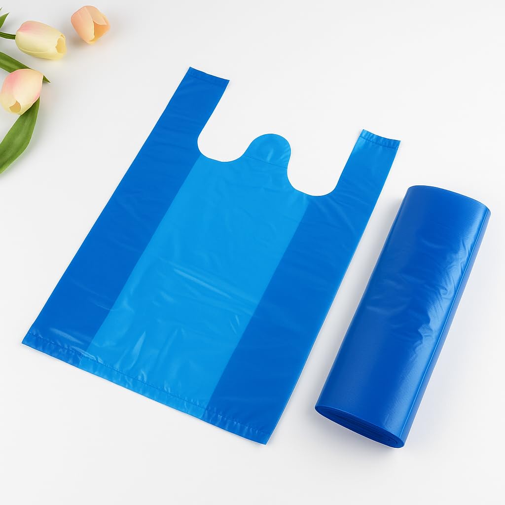 Lianpak Extra Strong Heavy Duty Blue Clear Vest Carrier Bags 30mu with FlexTech, Soft Touch, Recycled, Tear Resistant - Perfect for Household, Office, Kitchen & Caterers (100, 16"x20"x24")