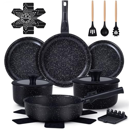 Ammeloo 21 Pcs Pots and Pans Set Non Stick, Ceramic Kitchen Cookware Set with Detachable Handle, Non Toxic Cooking Set for Kitchen, RV, Camping and Fridge, Induction Ready, Dishwasher/Oven Safe, Black