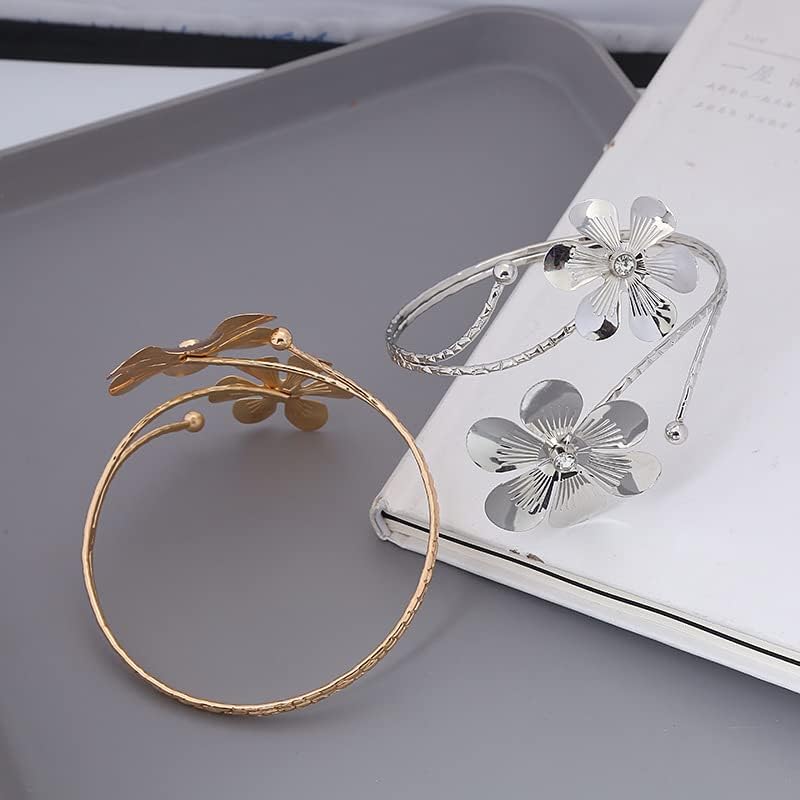 Miniatura 4 de Caiyao Boho Upper Arm Bracelet Cuff Bangle Gold Silver Flower Cuff Bracelets Mental Open Upper Arm Bangle Bracelet Adjustable Armband Jewelry for