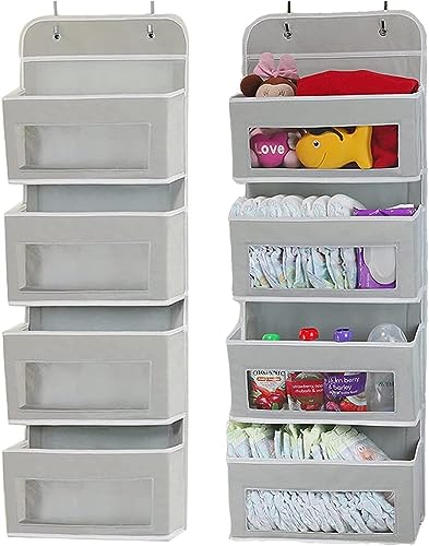 SANON Organizador Armario Colgante，4 Bolsillos Y Ganchos MetáLicos Organizador Armario Bebe,Organizador BañO Colgar de Puerta Ahorro de Espacio,Almacenamiento Vertical 2 Piezas