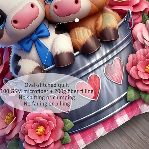 Image of Highland Cow Comforter Set Queen Size Farm Pink Rose Plaid Bedding Sets for Kids Teens Boys Girls Bedroom 3D Cute Cartoon Animal Quilt 1 Comforter 2 Pillowcases