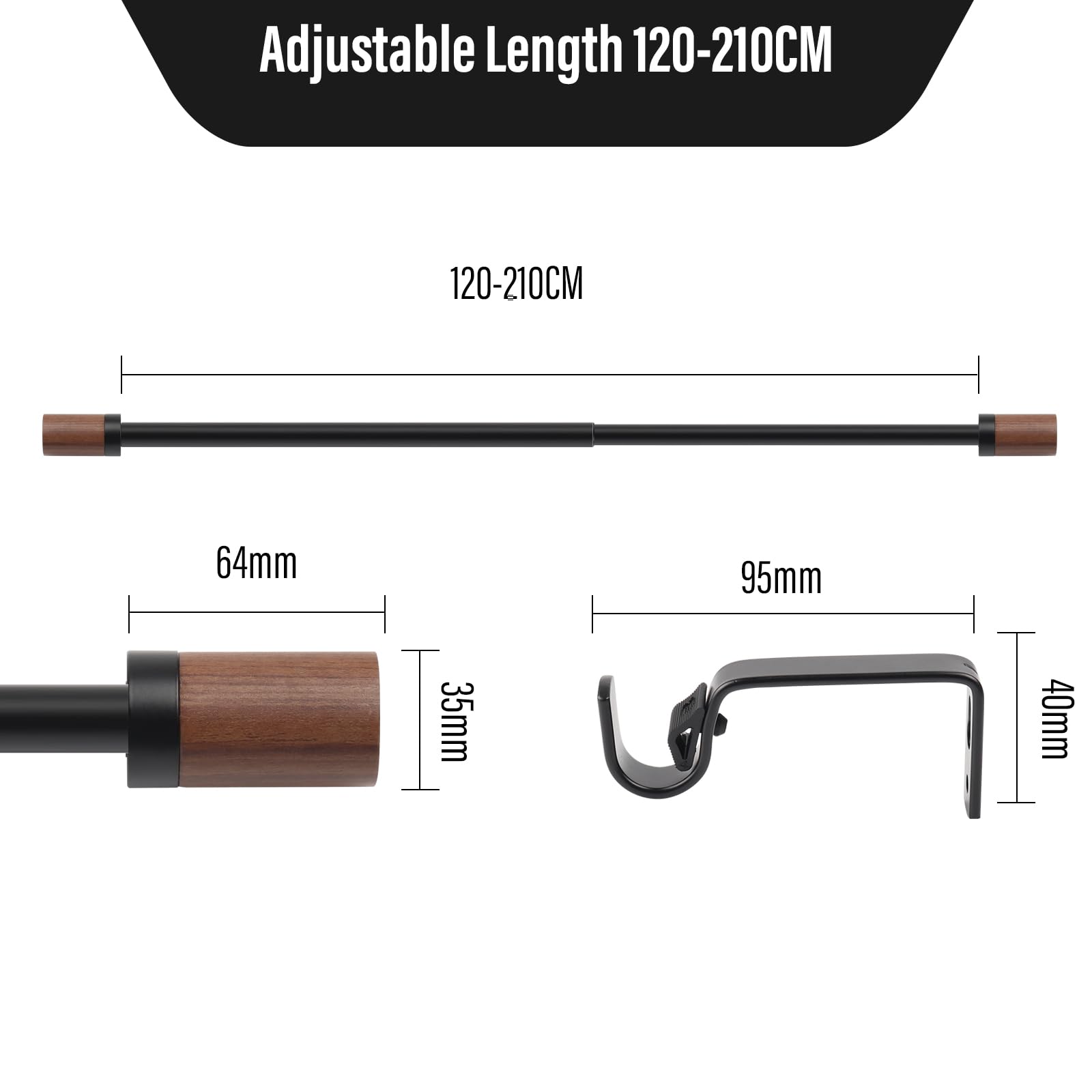 Tringle à Rideaux Extensible 120-210 Cm - Diamètre 19 Mm Avec Embouts Bois - Noir