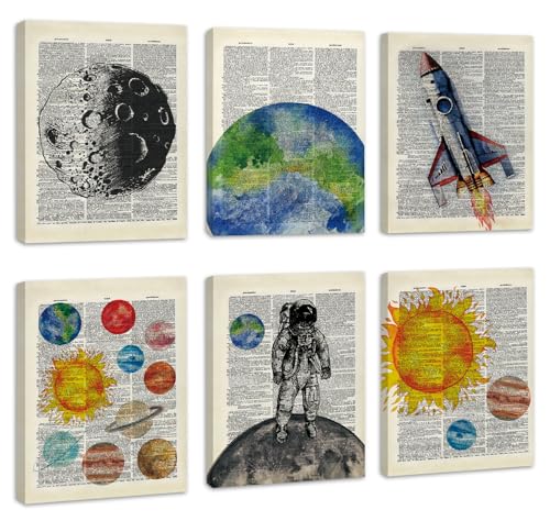 Image of CHDITB Space Exploration Canvas Wall Art, Solar System Wall Decor, Set Of 6 Dictionary Outer Space Poster With Frame Astronaut Wall Art Universe Art Prints For Kids Room Nursery Decor (8x10 Inches)