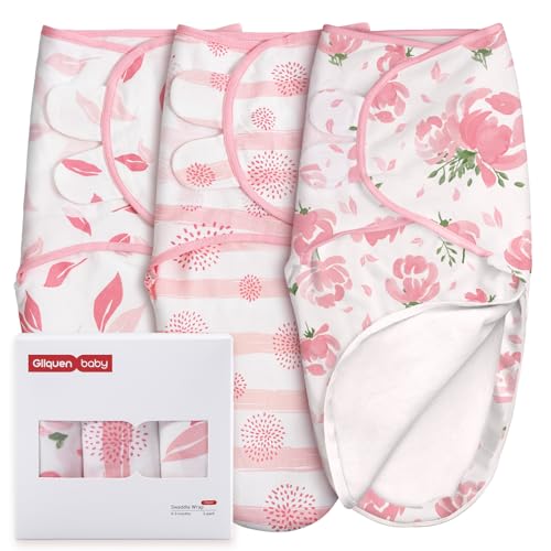 Image of GLLQUEN BABY Baby Swaddle Sleep Sacks with Zipper - 3-Pack Newborn Swaddling Sack, Baby Swaddles Sleep Sack 0-3 Months,Pink Floral or Leaves, Swaddling Blankets 3 Pack Wrap Set, Easy Change Swaddle