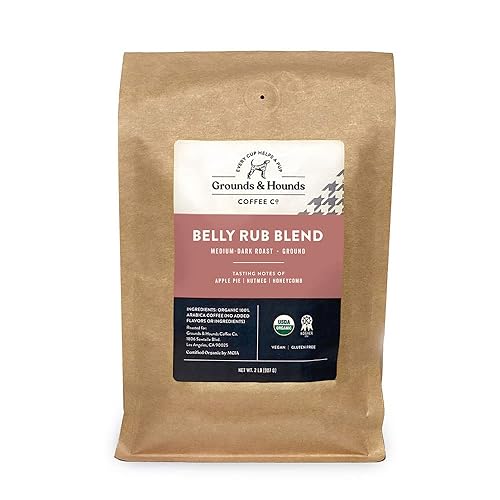 Grounds & Hounds Belly Rub Blend - Ground, 100% Organic Coffee Grounds, Ground Coffee Medium Roast, Bulk Ground Coffee, 2lbs - Medium Dark Roast - Ground - 32 Ounce (Pack of 1)