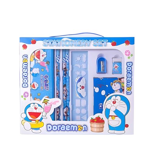 漫画プリント文房具ギフトセット 男の子と女の子用 誕生日ギフト用 文具 ノート 筆箱 鉛筆 ルーラー 鉛筆削り 消しゴム クレヨン 学用品 非公式 (8点セット)