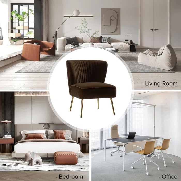 Image of Modern Upholstered Accent Velvet Chair Single Seater Channel Tufted Wing Back Chair with Golden Matel Legs for Living Room, Bedroom, Dining Room, Brown