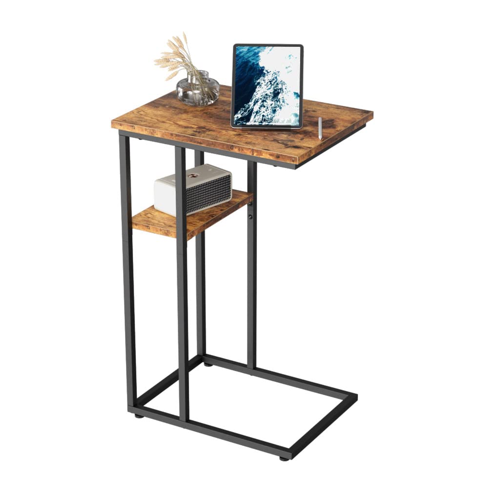 InnerJoin C Side Table, C Shaped End Table in Living Room Bedroom, Small Slim Side Table for Small Spaces, for Sofa Couch and Bed, Industrial Vintage Style, Brown